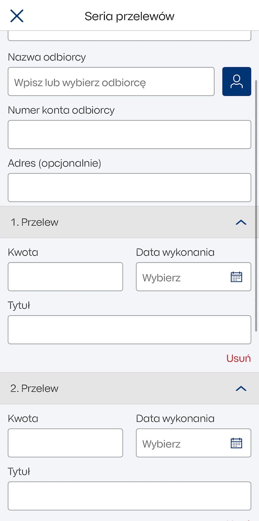 Formularz serii przelewów IKO z jednym odbiorcą i osobnymi danymi pierwszej płatności