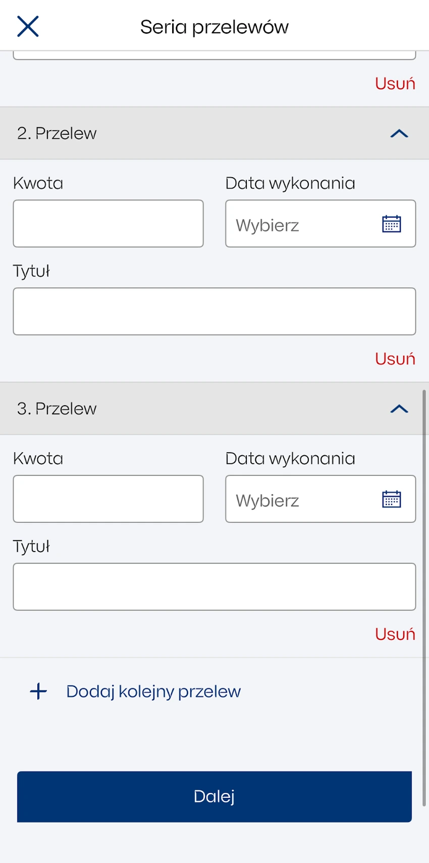 Kolejne przelewy w serii IKO z osobnymi kwotami, datami i tytułami