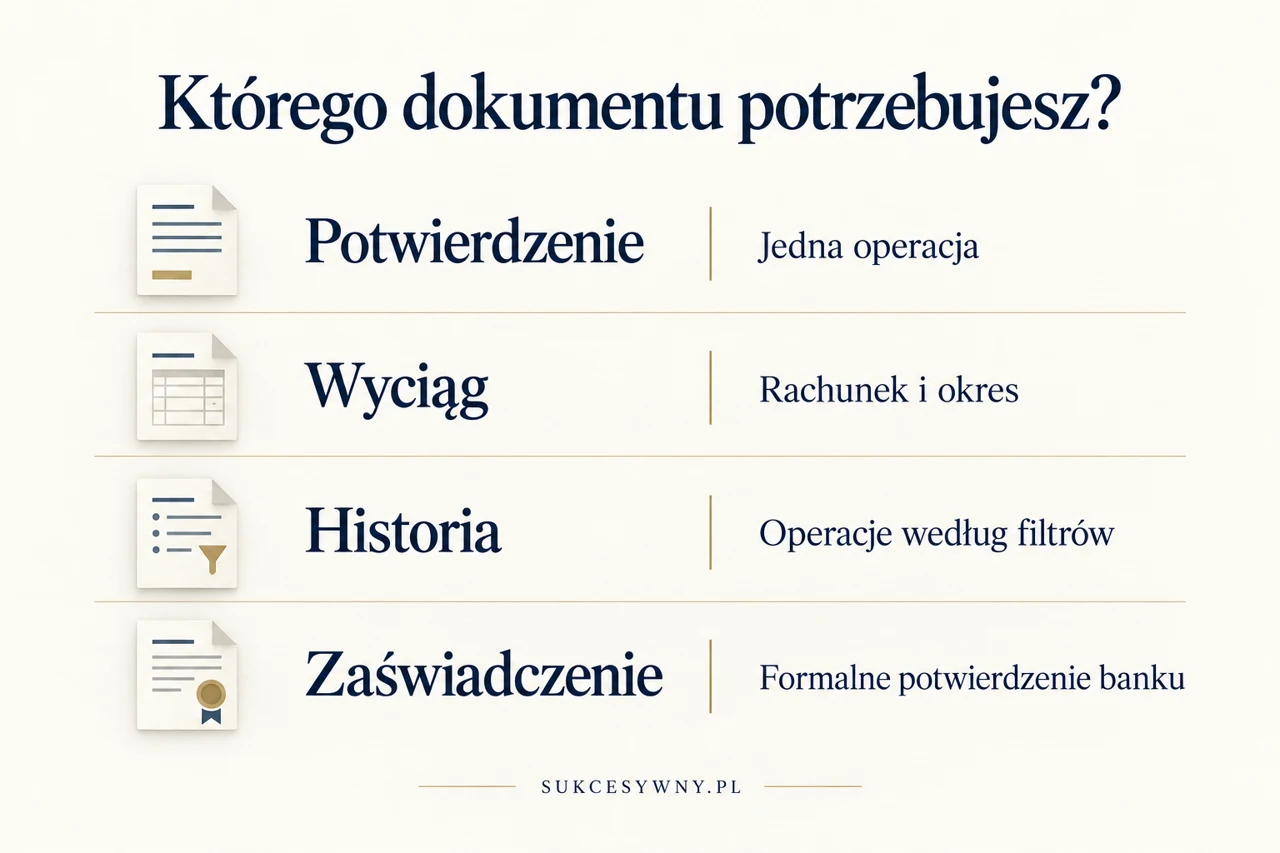 Różnice między potwierdzeniem, wyciągiem, historią i zaświadczeniem bankowym