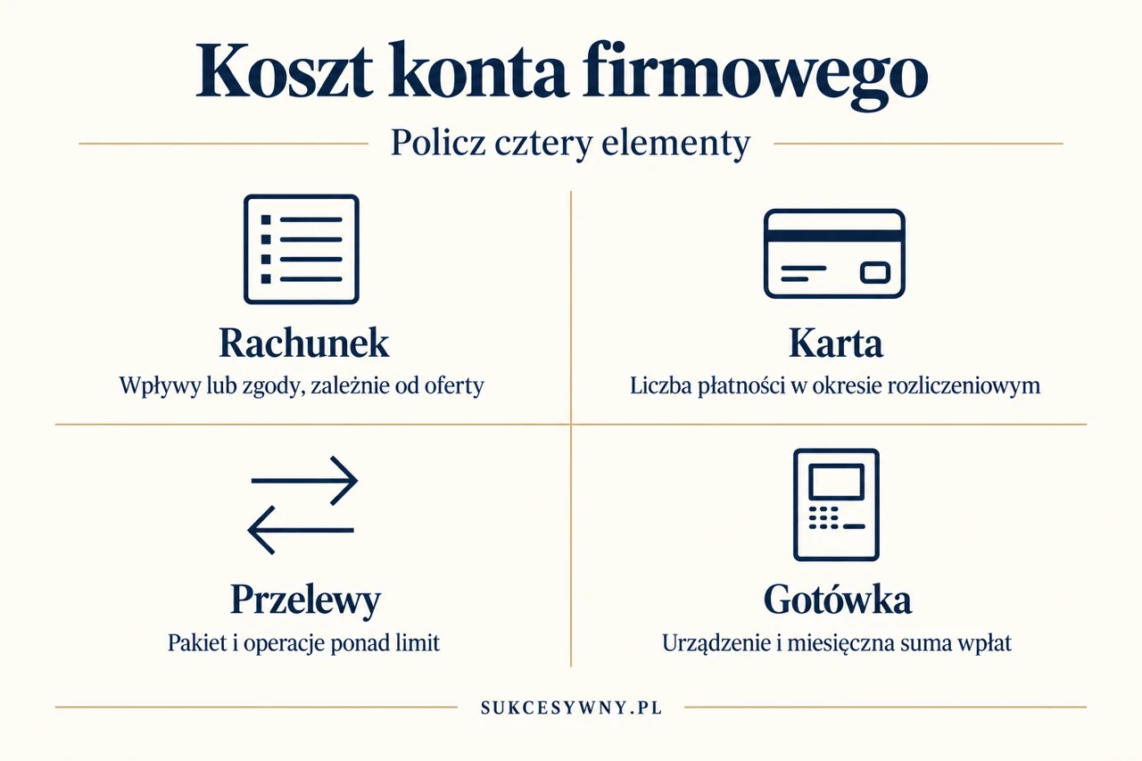 Cztery elementy kosztu PKO Konta Firmowego: rachunek, karta, przelewy i gotówka