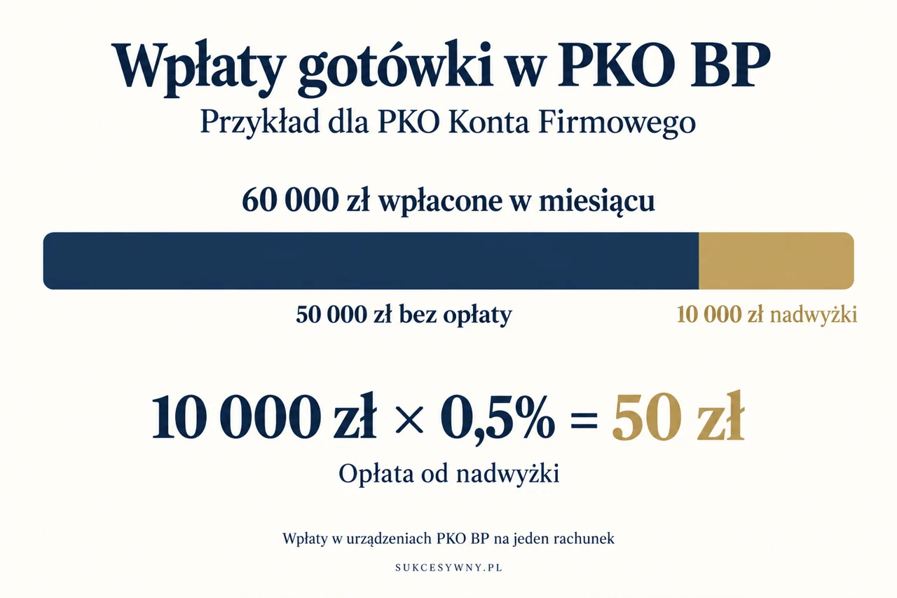 Przykład: 60 tysięcy złotych wpłat na konto firmowe i 50 zł opłaty od nadwyżki