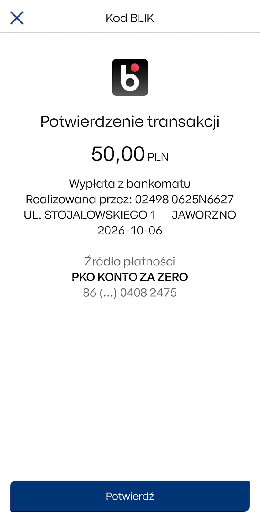 Potwierdzenie wypłaty 50 zł z bankomatu w aplikacji IKO
