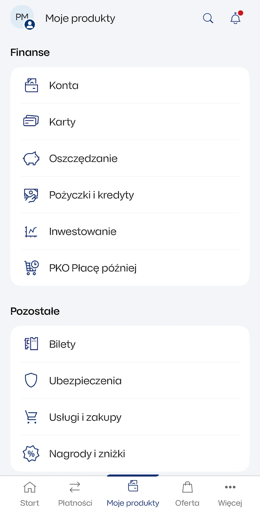 Menu Moje produkty w IKO z pozycjami Konta i Karty