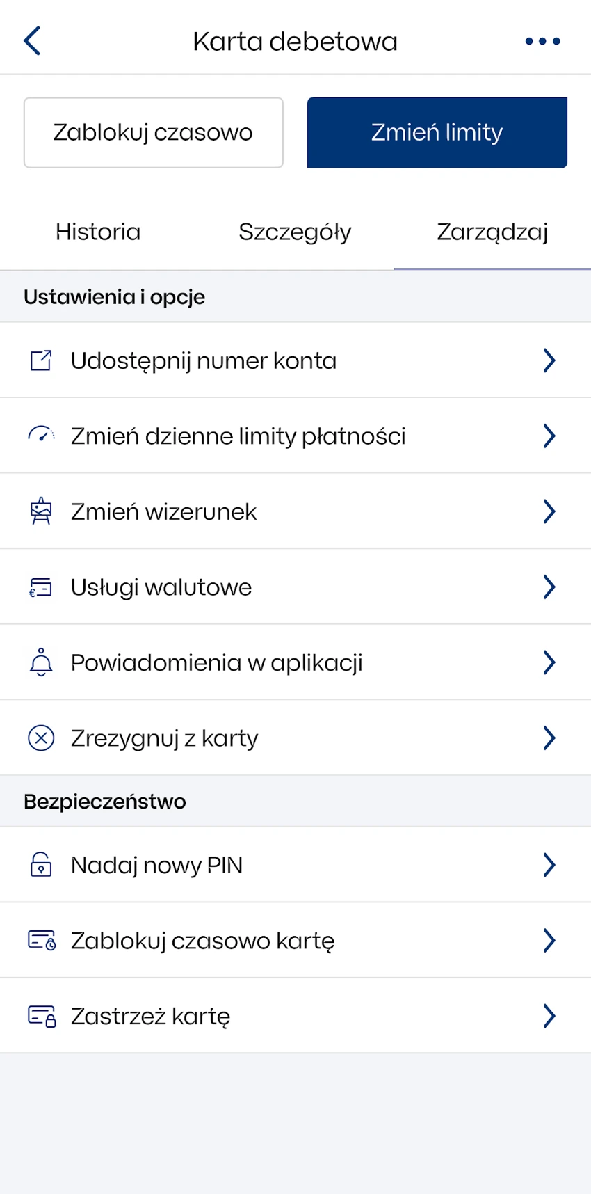 Przykładowa zakładka Zarządzaj w menu karty debetowej IKO