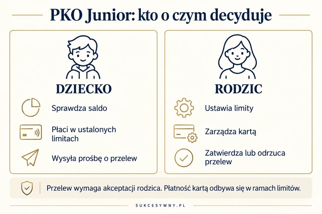 PKO Junior: dziecko sprawdza saldo i składa prośbę o przelew, rodzic ustawia limity i zatwierdza przelew