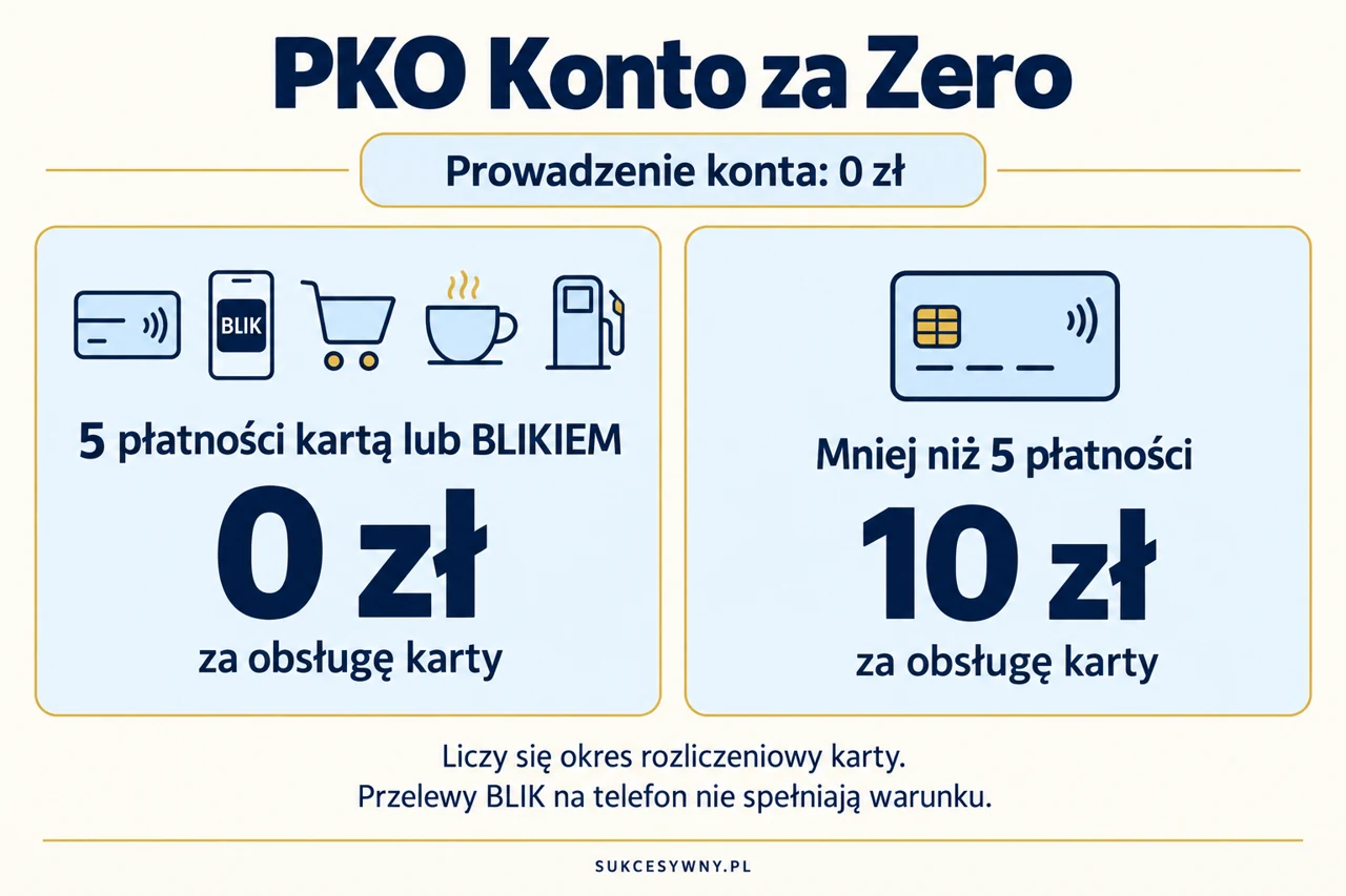 PKO Konto za Zero. Pięć płatności zwalnia z opłaty za kartę, a prowadzenie konta jest bezwarunkowo bezpłatne