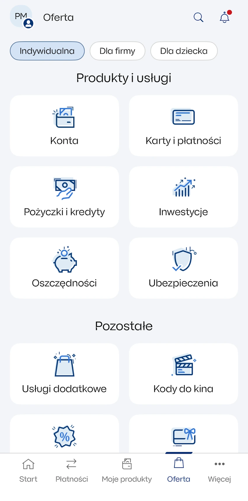 Sekcja Oferta w IKO z kafelkiem Oszczędności