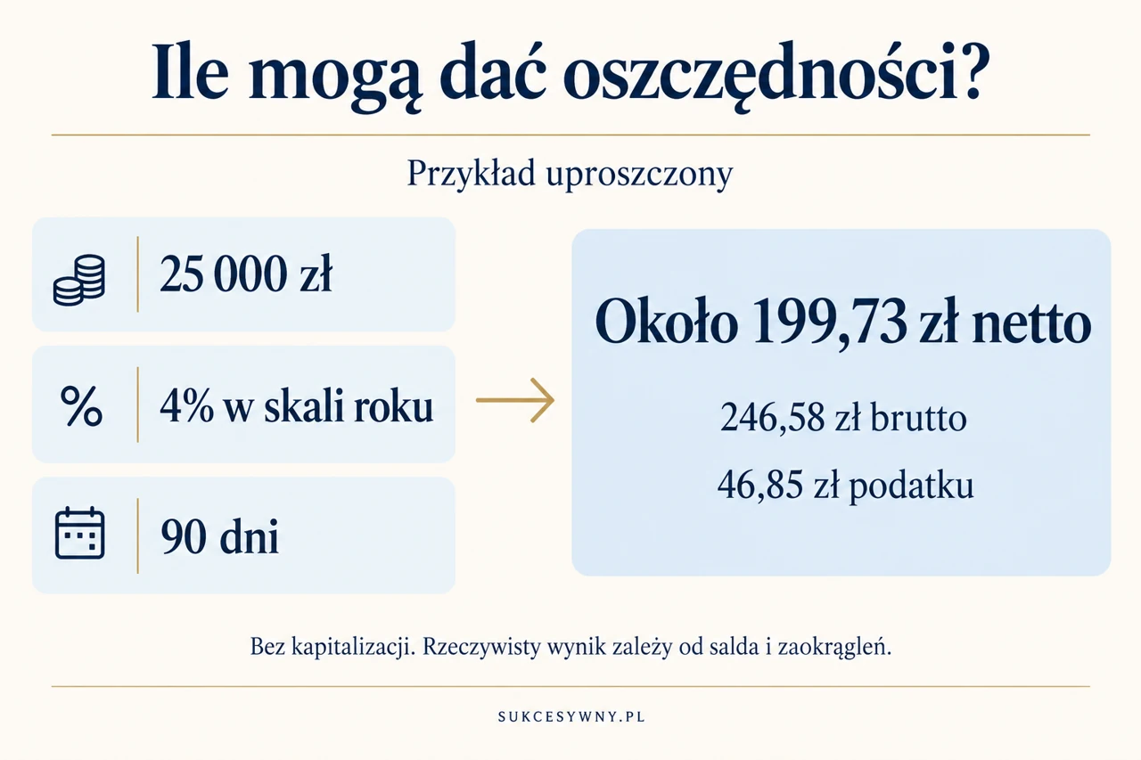 Uproszczony przykład zysku z 25 000 zł przez 90 dni przy 4% rocznie, około 199,73 zł netto