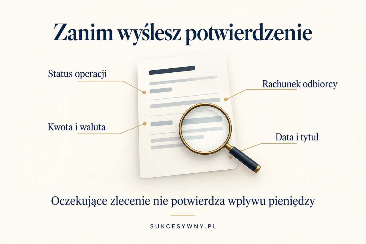 Dane do sprawdzenia na potwierdzeniu: status, rachunek, kwota, waluta, data i tytuł