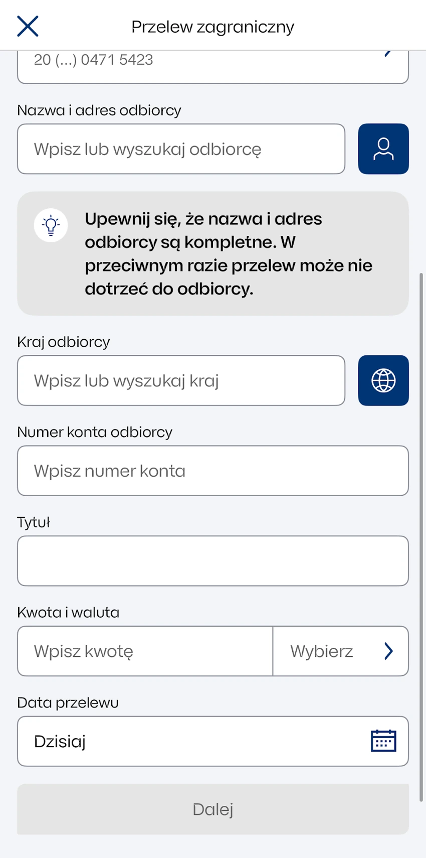Pola odbiorcy, tytułu, kwoty i daty w formularzu przelewu zagranicznego IKO