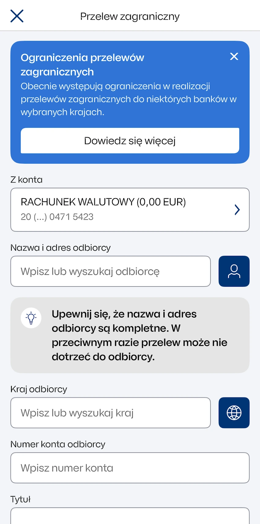 Formularz przelewu zagranicznego IKO z wyborem rachunku walutowego i danymi odbiorcy
