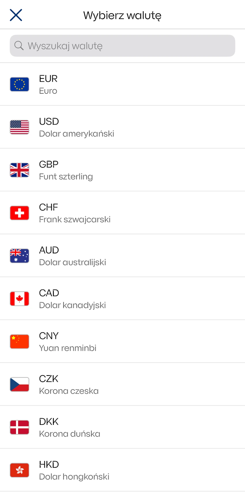 Lista walut przelewu zagranicznego w aplikacji IKO, między innymi EUR, USD, GBP i CHF