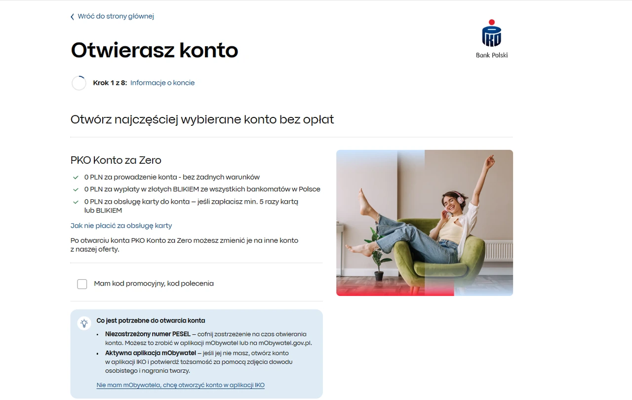Pierwszy ekran wniosku o PKO Konto za Zero z informacją o opłatach i polem na kod promocyjny