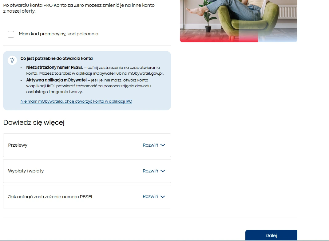 Dolna część pierwszego kroku wniosku PKO BP z wymaganiami i rozwijanymi informacjami
