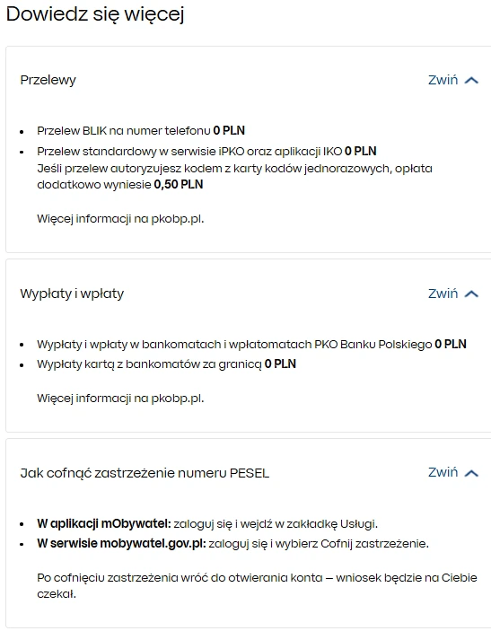Rozwinięte informacje o przelewach, gotówce i cofnięciu zastrzeżenia PESEL we wniosku PKO BP
