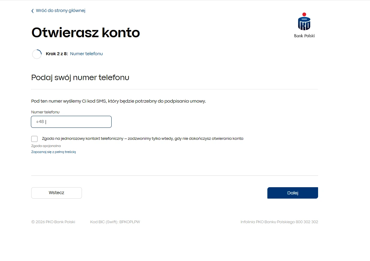 Drugi krok wniosku PKO BP. Pole na numer telefonu i opcjonalna zgoda na kontakt