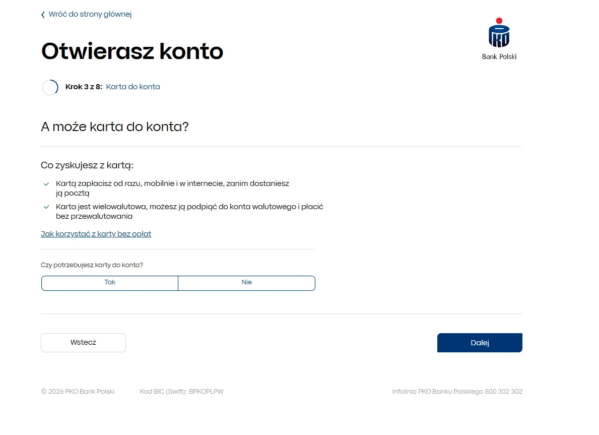 Wybór karty do konta w trzecim kroku wniosku PKO BP