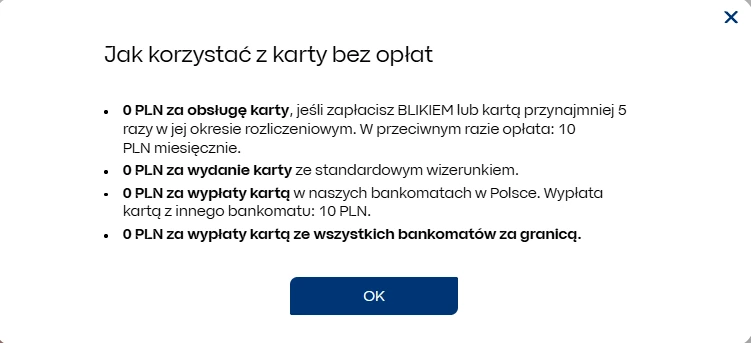 Okno z warunkami bezpłatnej obsługi karty i kosztami wypłat w PKO BP