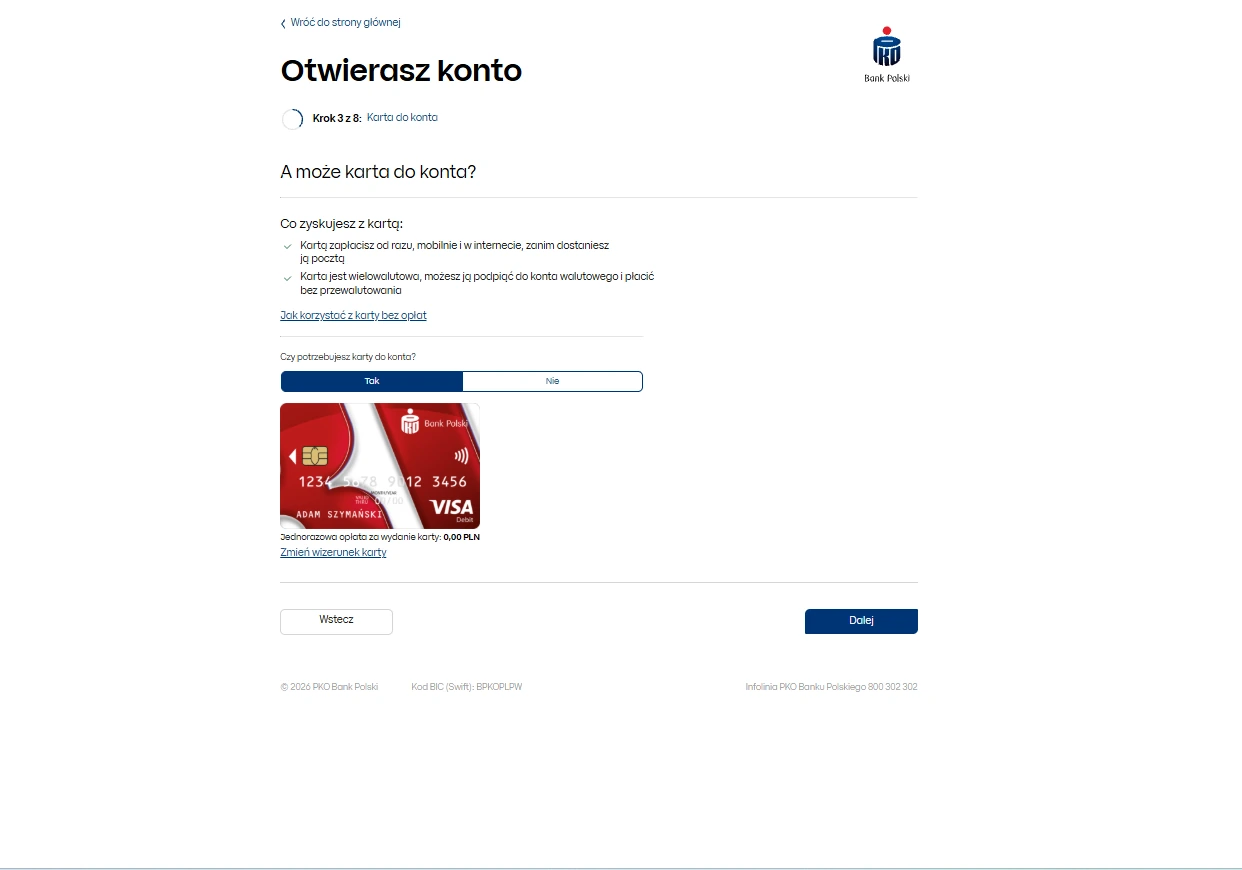 Standardowa karta wybrana we wniosku o PKO Konto za Zero