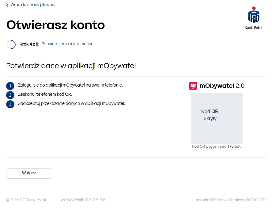 Ekran potwierdzenia danych w mObywatelu podczas otwierania konta PKO BP, z zasłoniętym kodem QR