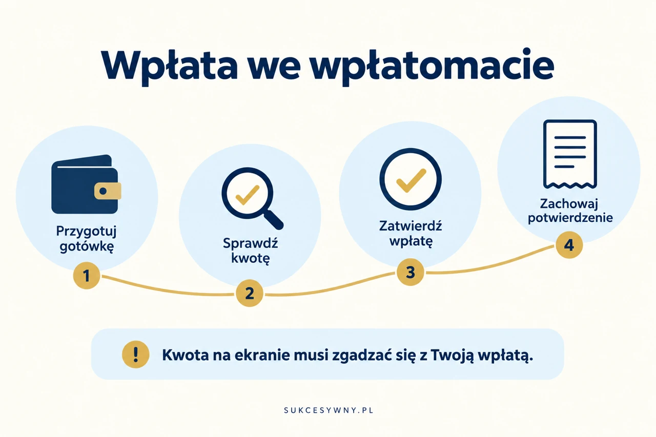 Przygotowanie gotówki, sprawdzenie kwoty, zatwierdzenie wpłaty i zachowanie potwierdzenia