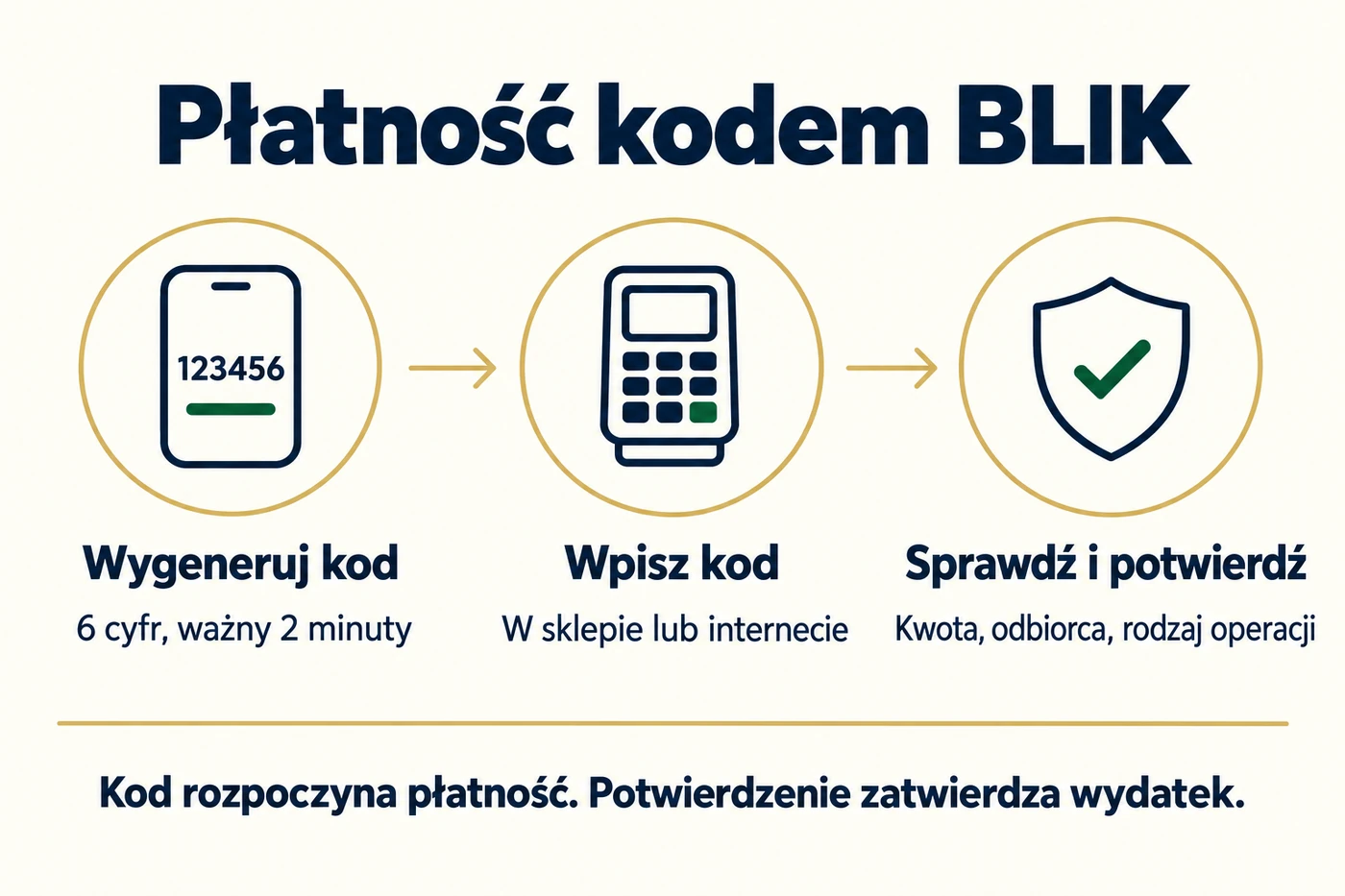 Trzy etapy płatności kodem BLIK: wygenerowanie kodu, wpisanie i sprawdzenie potwierdzenia