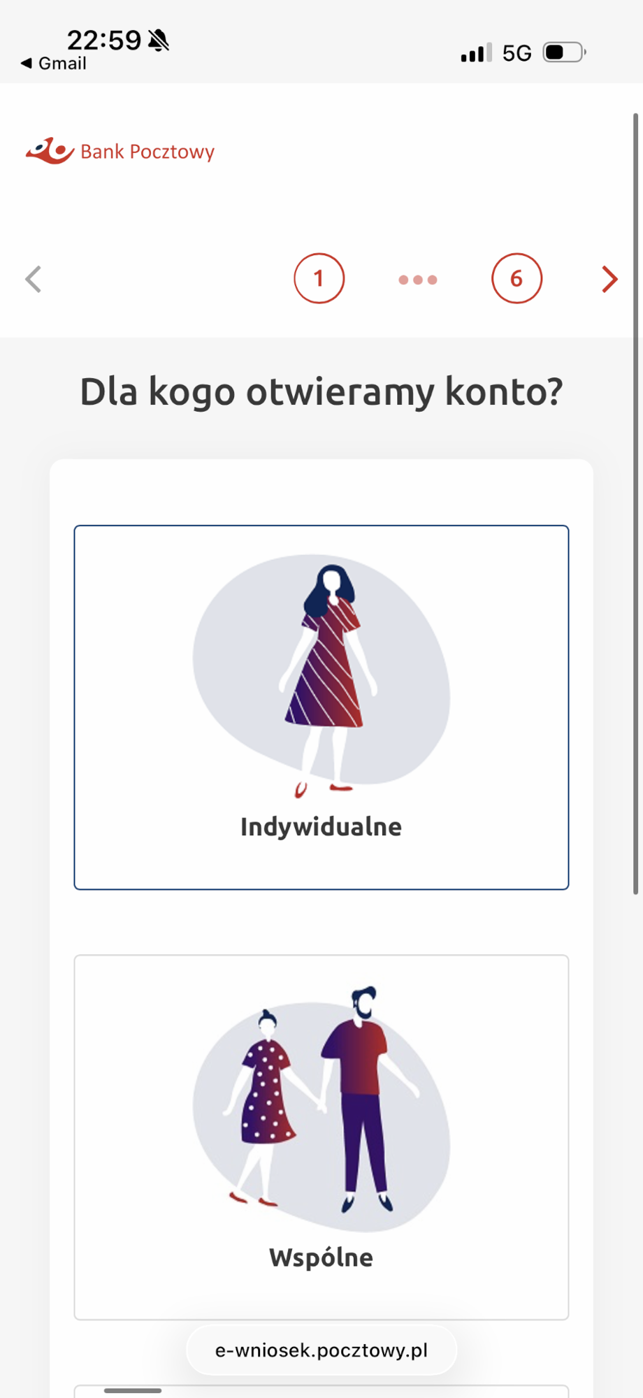 Wybór rachunku indywidualnego w internetowym wniosku Banku Pocztowego.