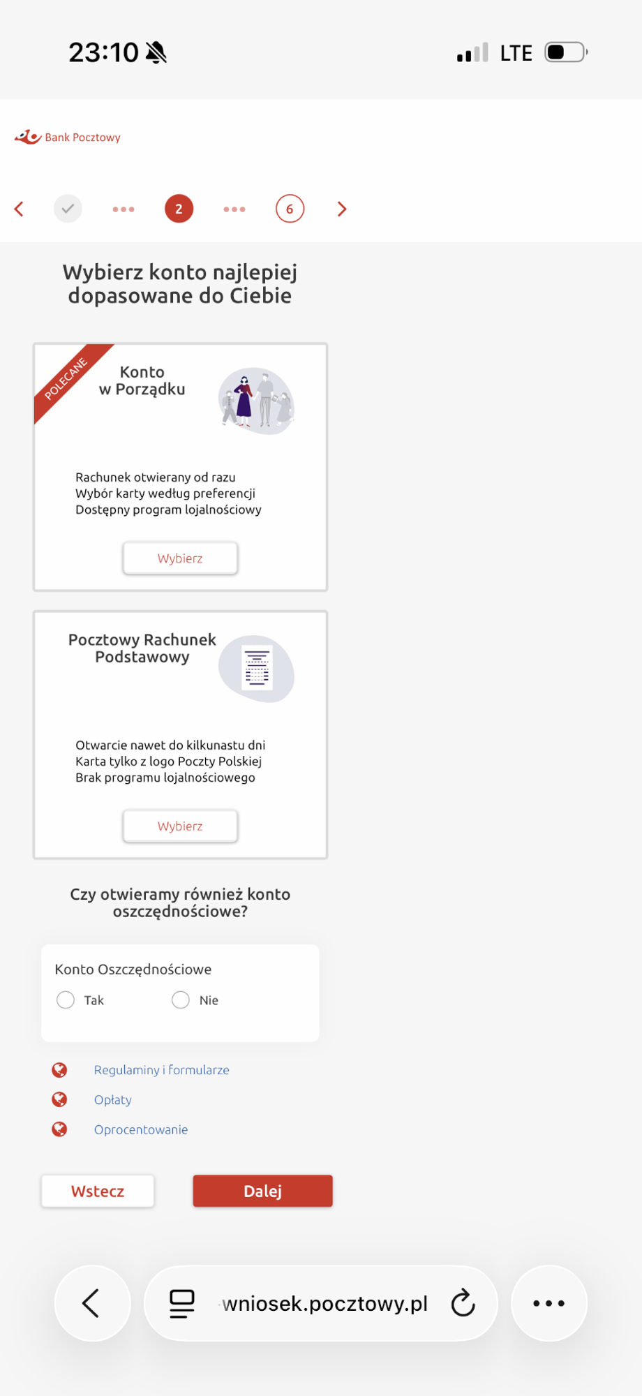Wybór rachunku oraz osobna decyzja o koncie oszczędnościowym.