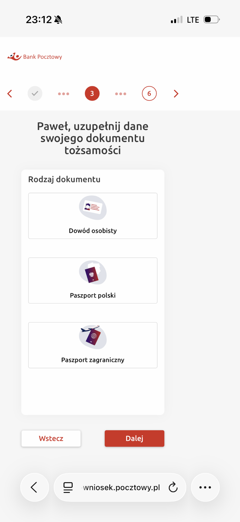 Formularz pokazuje rodzaj dokumentu tożsamości.
