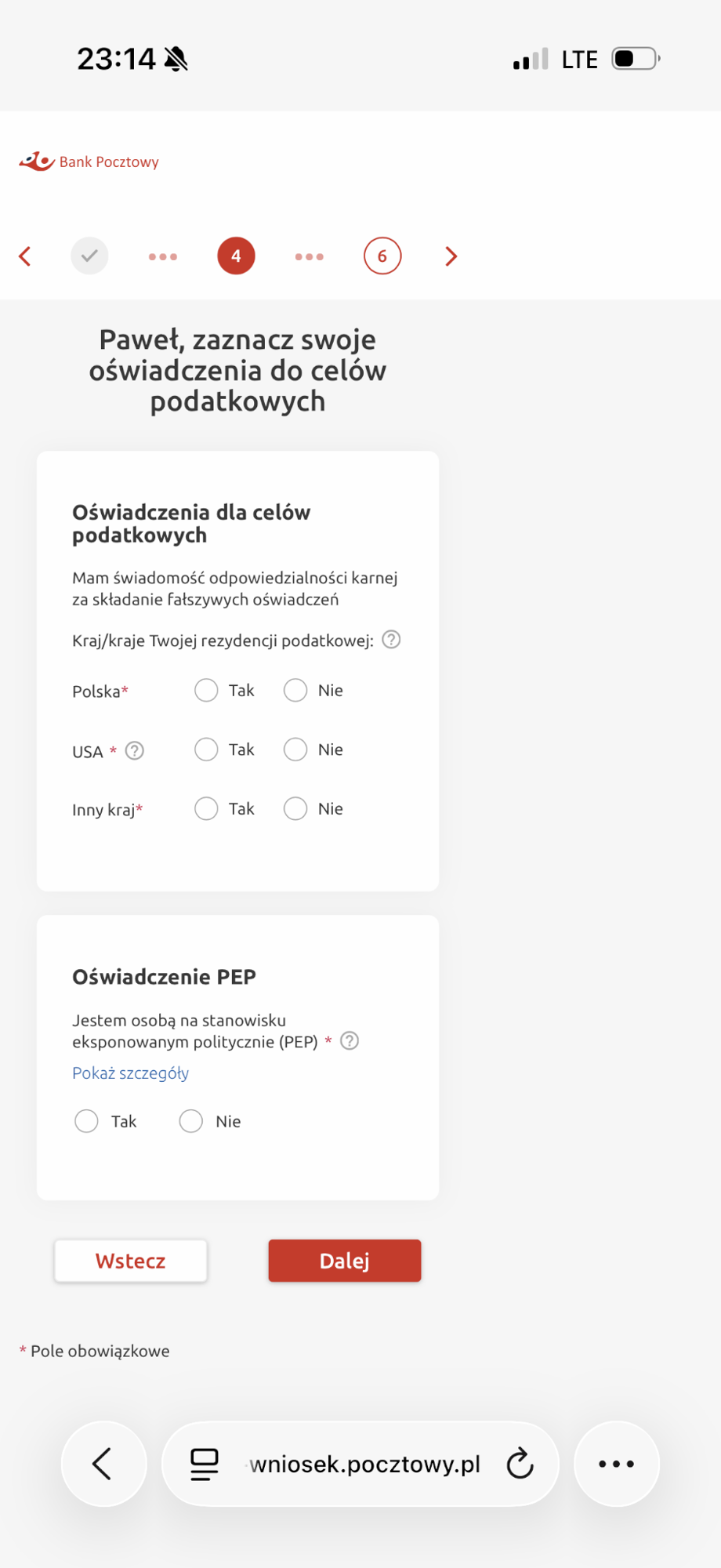 Oświadczenia podatkowe i PEP należy uzupełnić zgodnie z własną sytuacją.