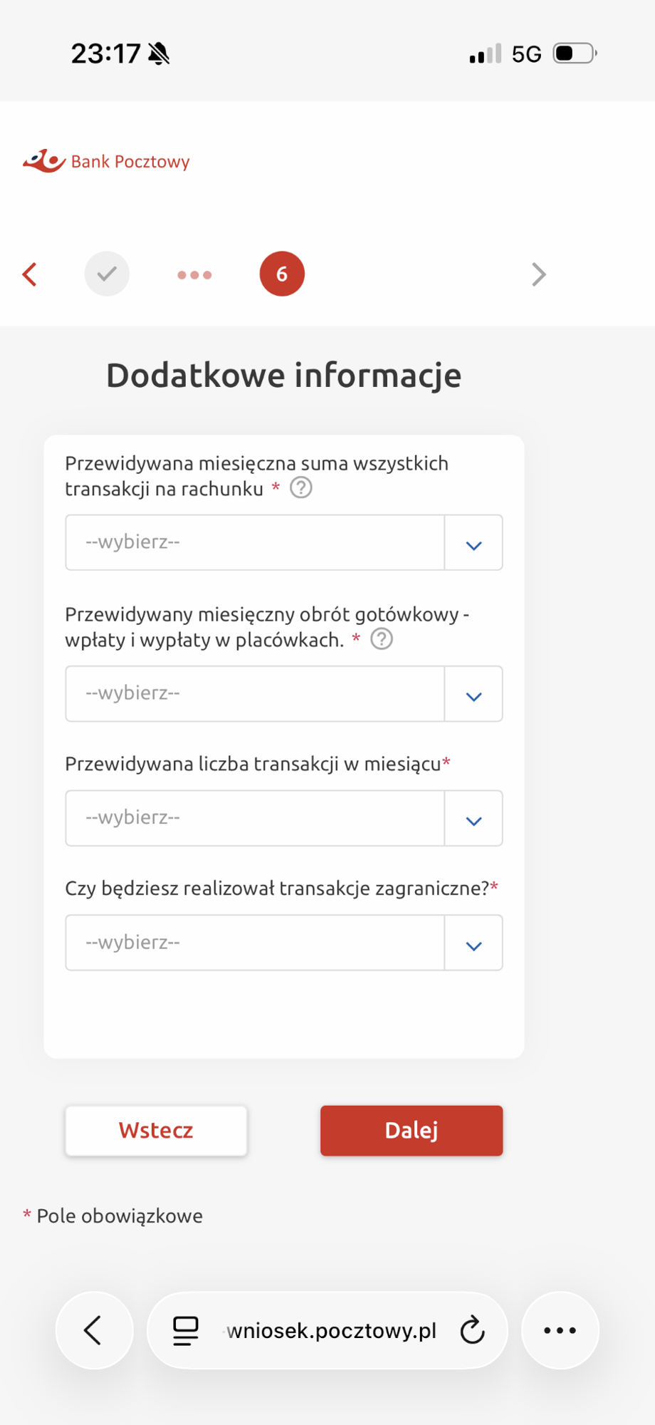 Pytania o planowane korzystanie z rachunku.