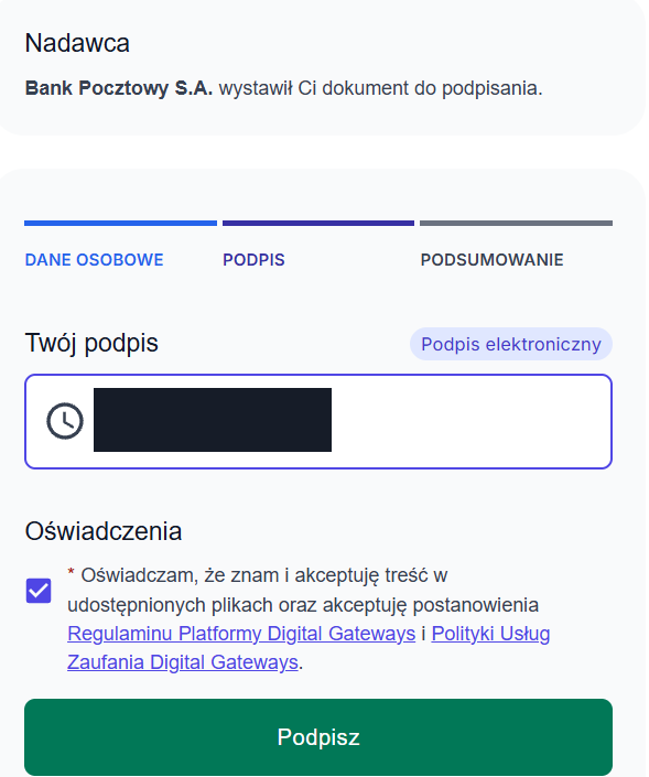 Panel elektronicznego podpisania umowy. Dane osobowe zasłonięto.