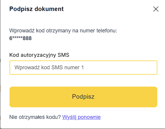 Osobne potwierdzenie podpisania kodem SMS. Pole kodu jest puste.
