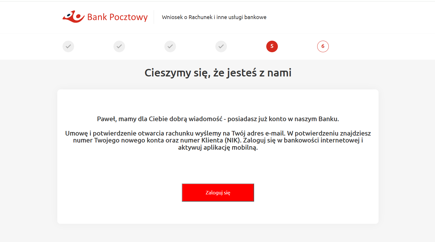 Końcowy komunikat o otwarciu konta i przekazaniu dokumentów.