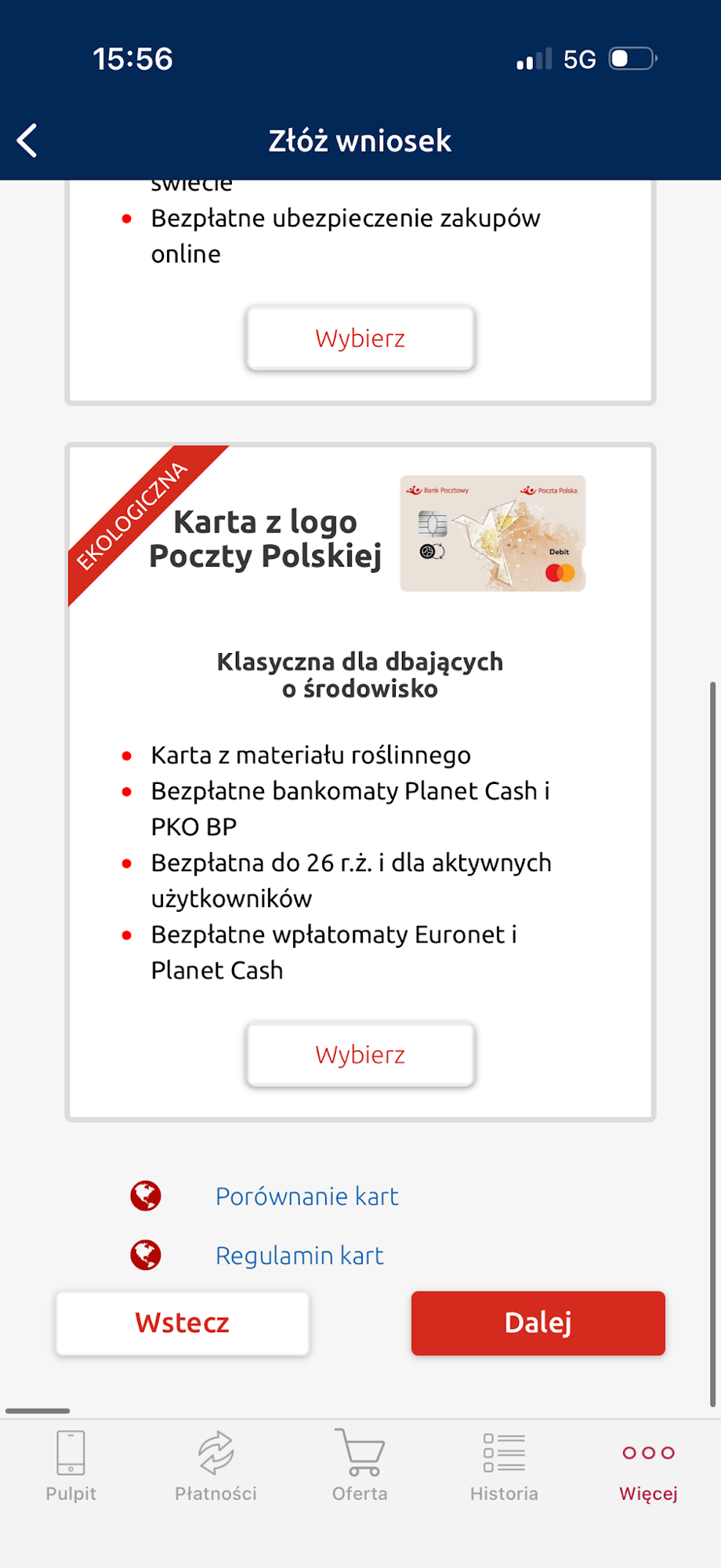 Oferta karty fizycznej w aplikacji Pocztowy. To ekran przed zamówieniem, a nie szczegóły aktywnej karty do Konta Start.