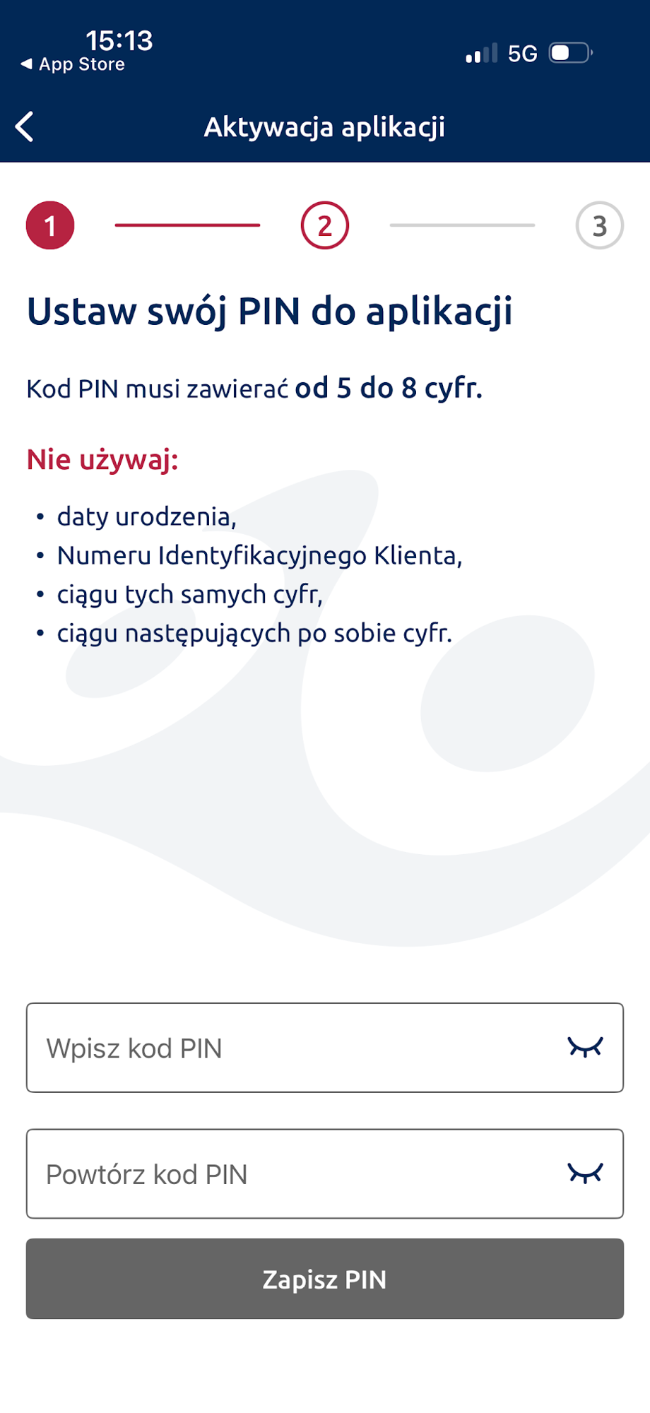 Ustawienie kodu PIN aplikacji. Widoczne wymagania i puste pola.