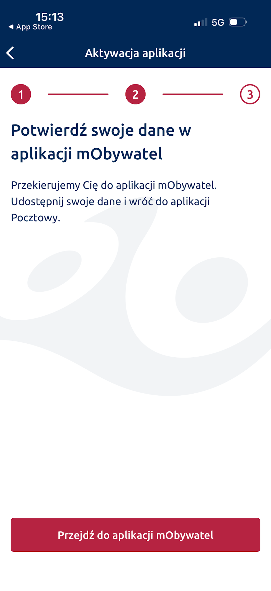Przejście z aplikacji Pocztowy do potwierdzenia w mObywatelu.