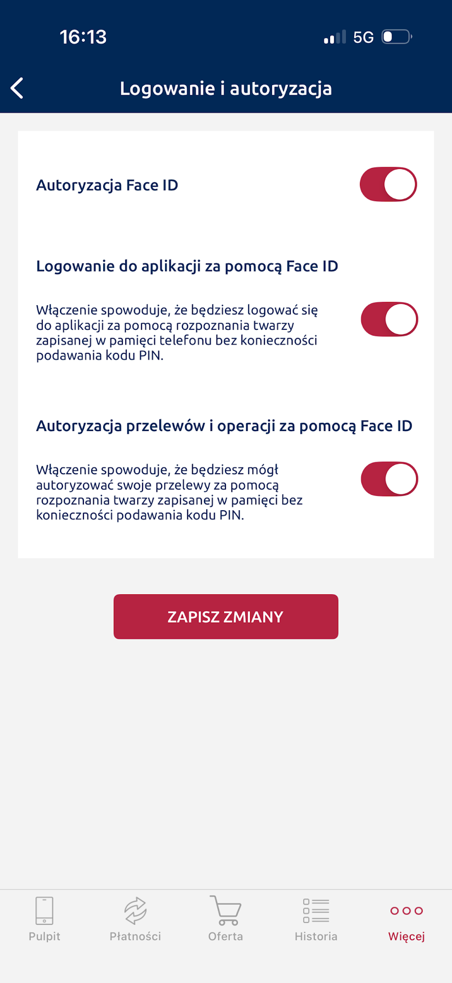 Osobne ustawienia biometrii przy logowaniu i potwierdzaniu operacji.