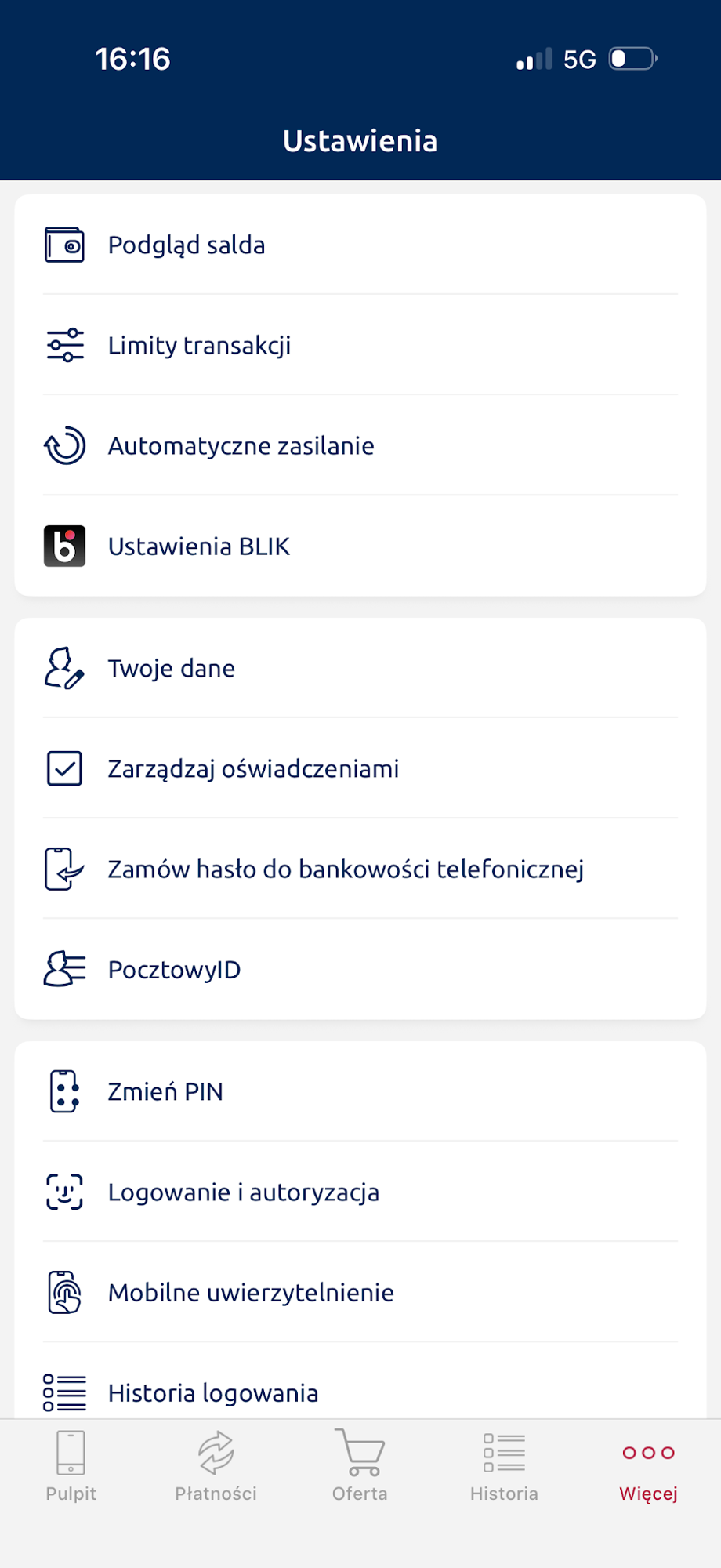 Menu ustawień, w tym logowanie i autoryzacja oraz mobilne uwierzytelnienie.
