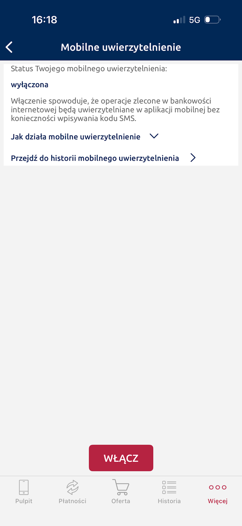 Ekran usługi mobilnego uwierzytelnienia przed włączeniem.