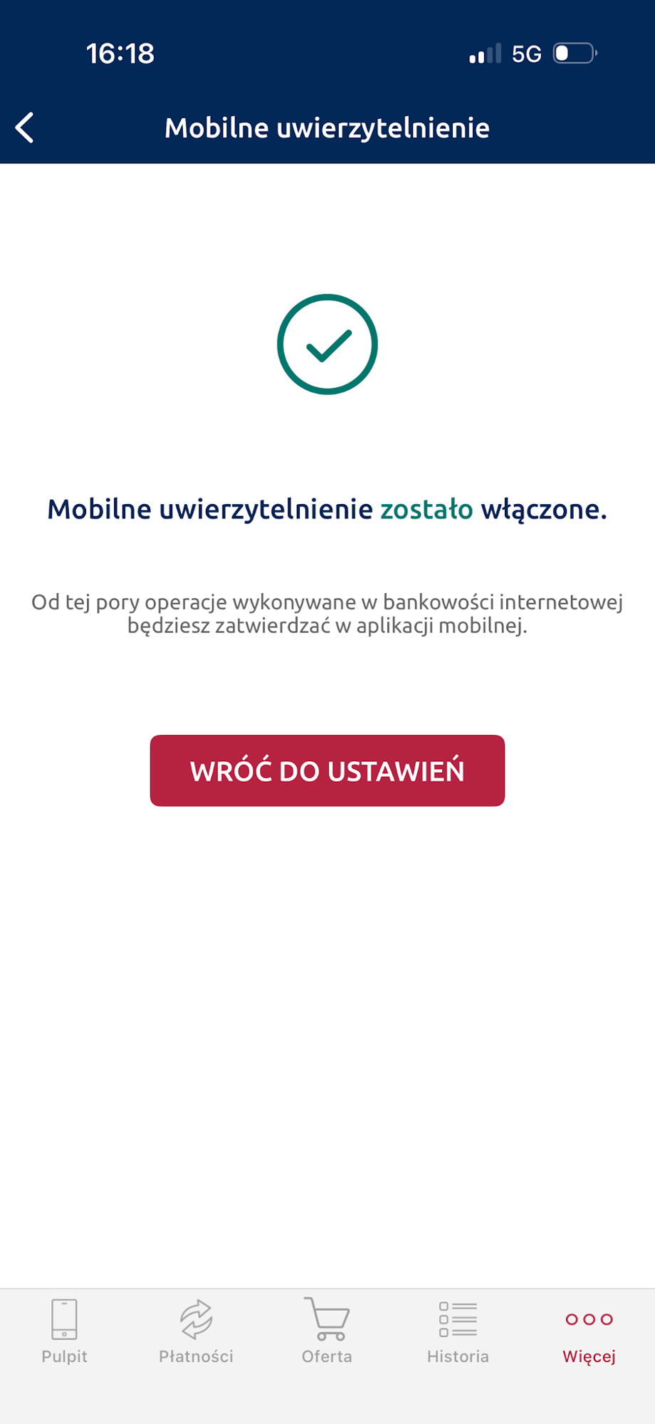 Komunikat potwierdzający włączenie mobilnego uwierzytelnienia.