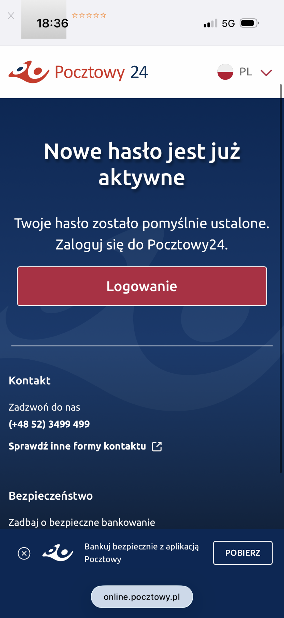 Komunikat o aktywnym nowym haśle i powrót do logowania.