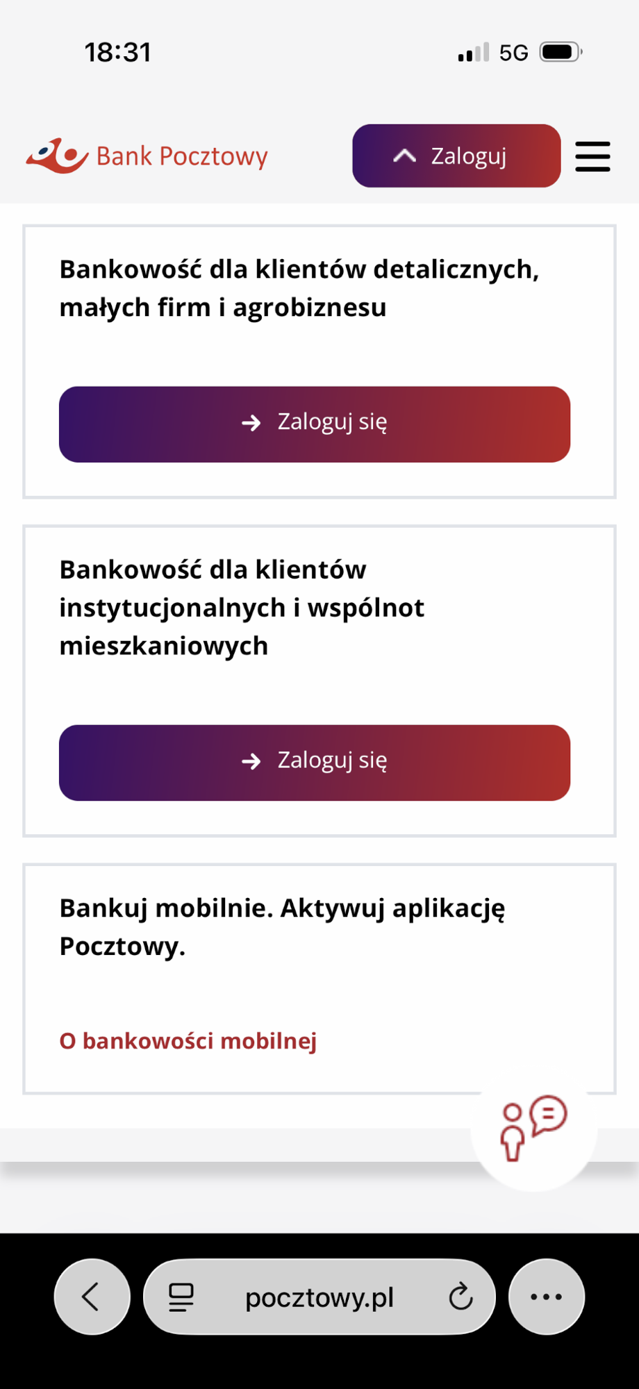 Wybór bankowości dla klientów detalicznych na stronie Banku Pocztowego.