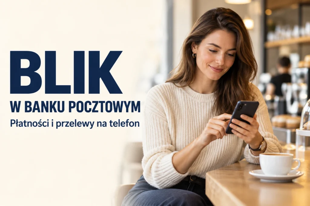 BLIK w Banku Pocztowym. Kobieta korzystająca z telefonu.