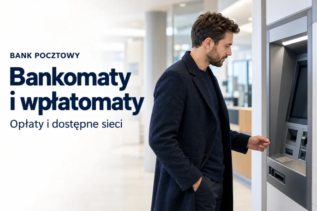 Bankomaty i wpłatomaty Banku Pocztowego. Mężczyzna korzystający z urządzenia.