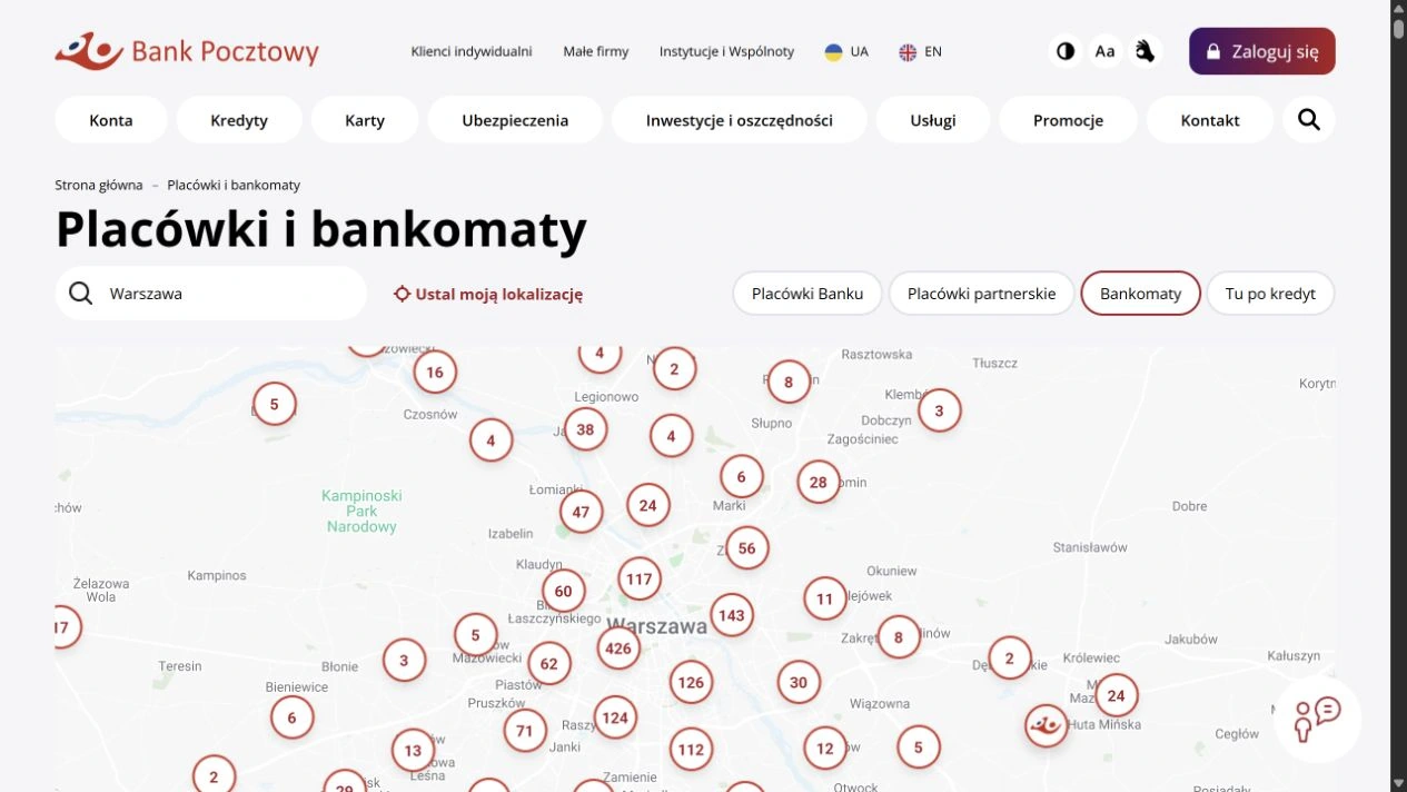Publiczna wyszukiwarka Banku Pocztowego. Przykład dla Warszawy z filtrem Bankomaty, sprawdzony 17 października 2026 r.