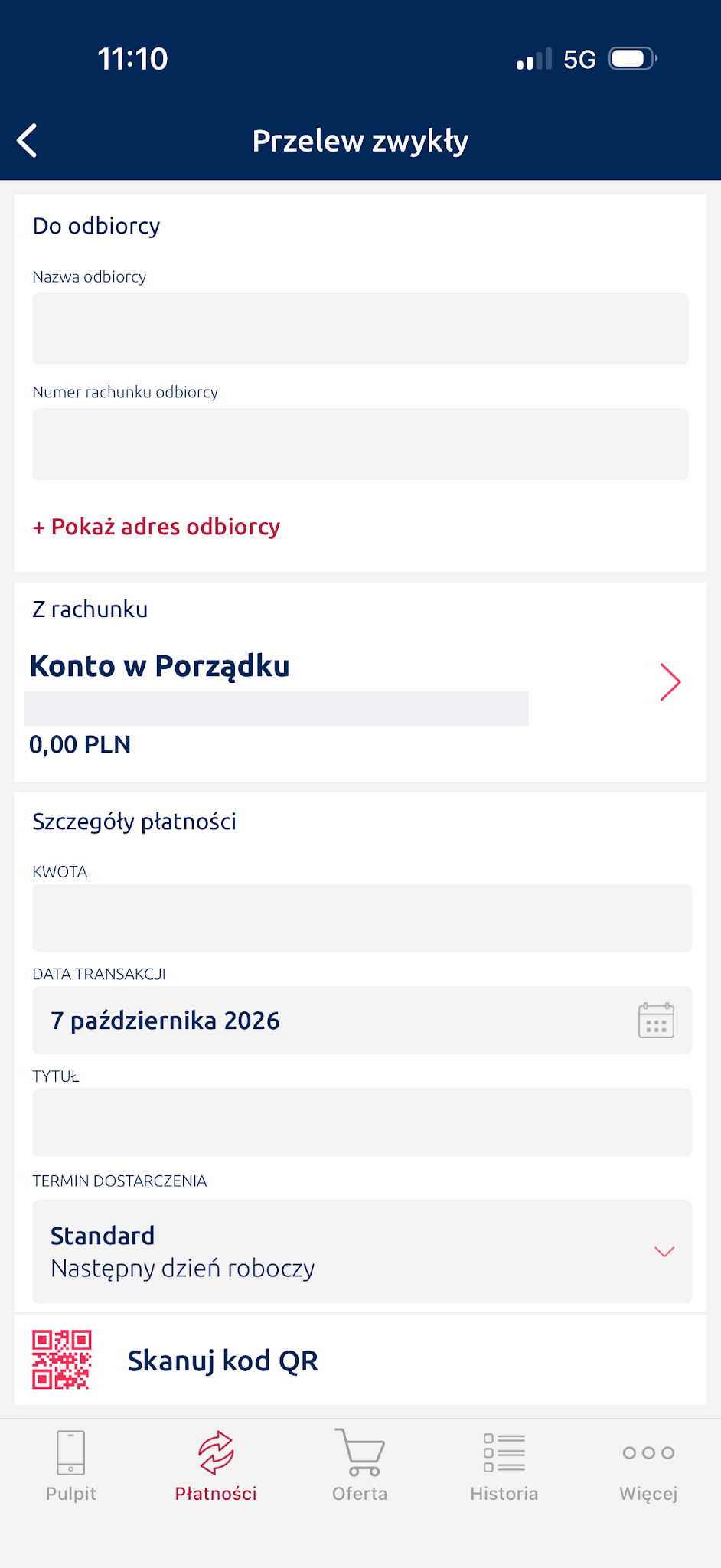 Data transakcji i wariant Standard w formularzu przelewu.