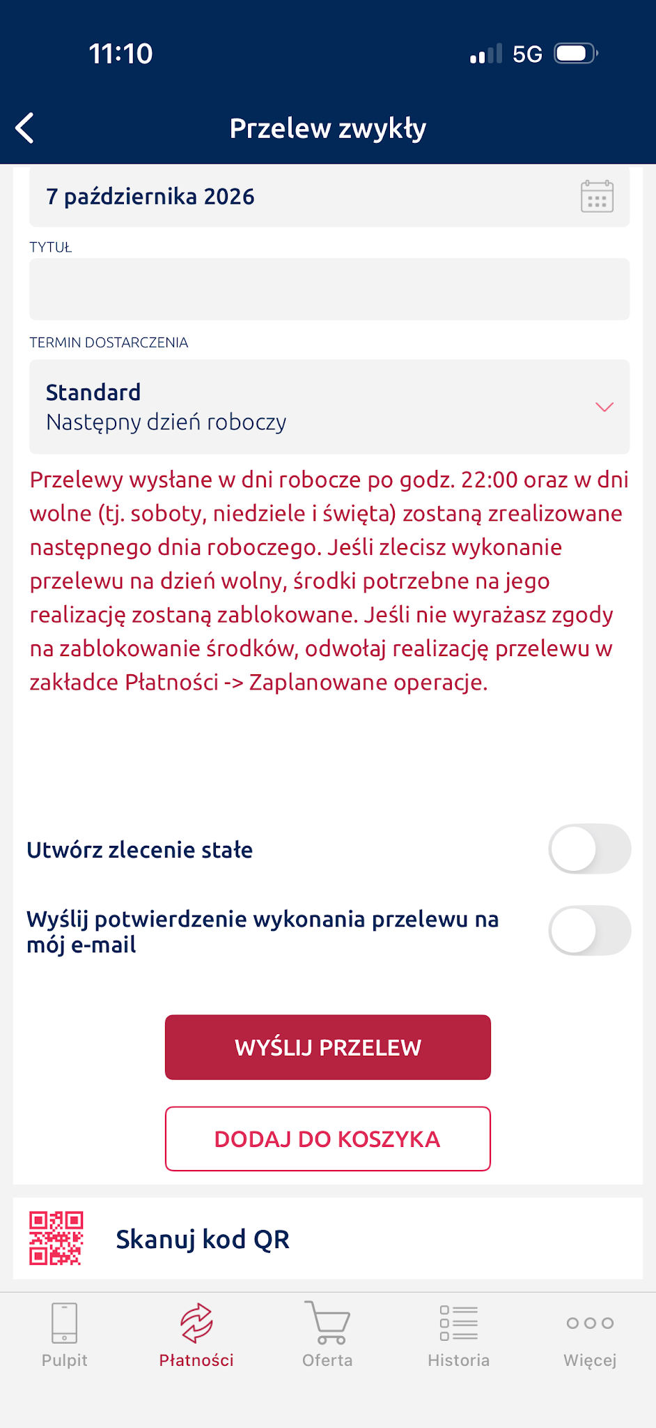 Dalsza część formularza: termin dostarczenia, komunikat banku i przycisk wysłania.