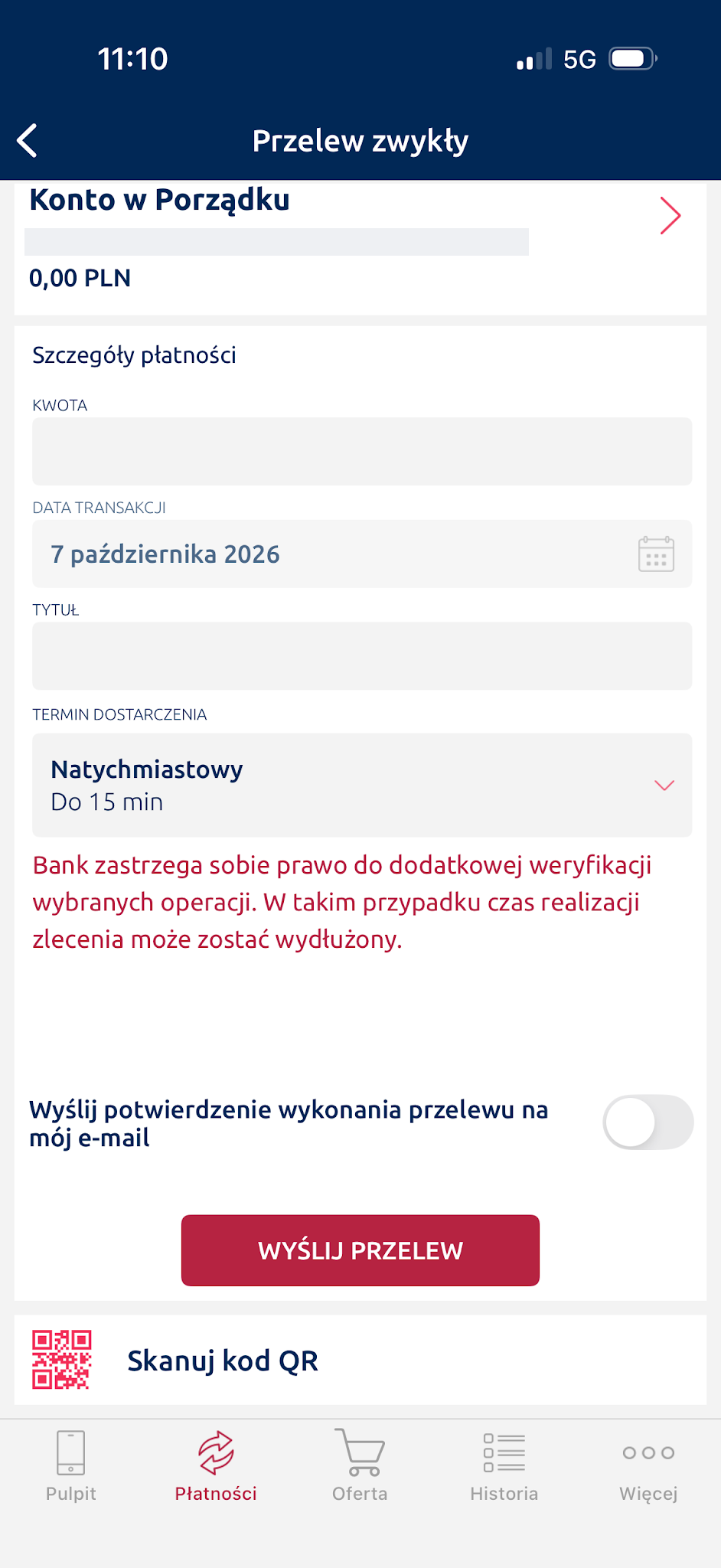 Wariant Natychmiastowy w aplikacji. Na tym ekranie nie pokazano prowizji.
