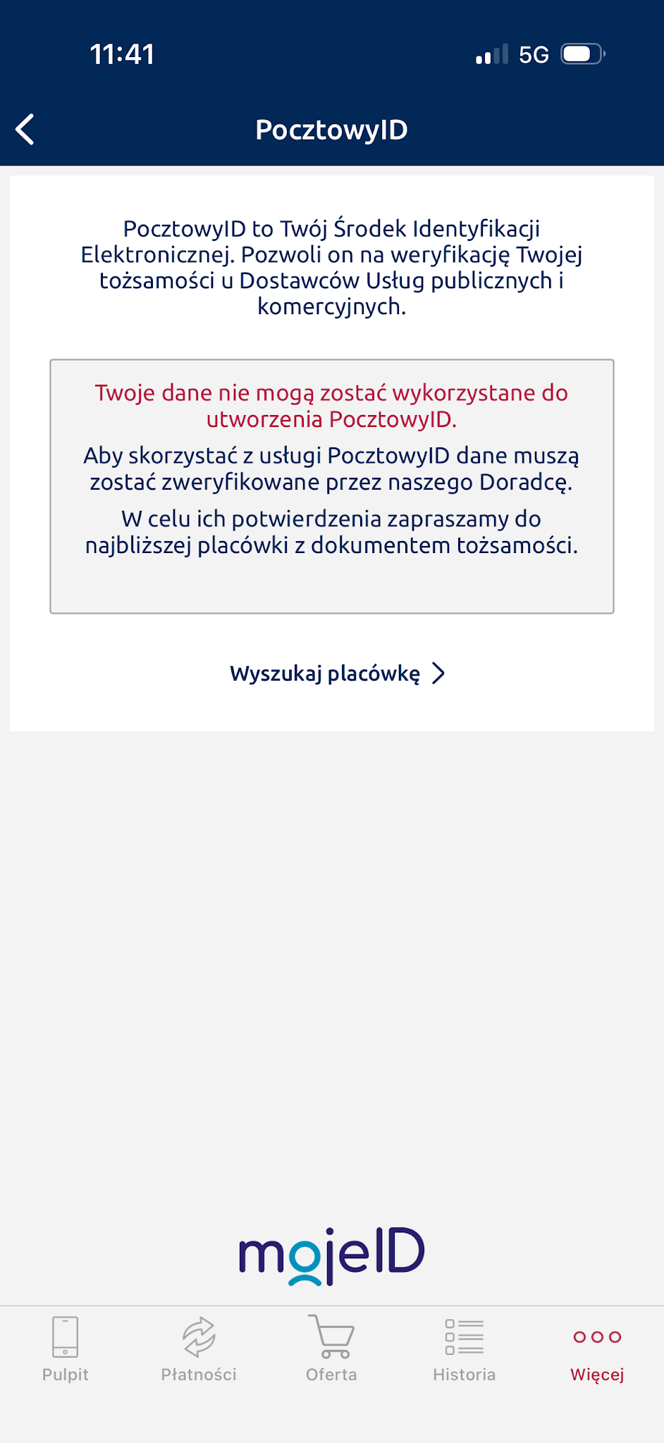 Rzeczywisty komunikat o konieczności weryfikacji tożsamości przez doradcę.